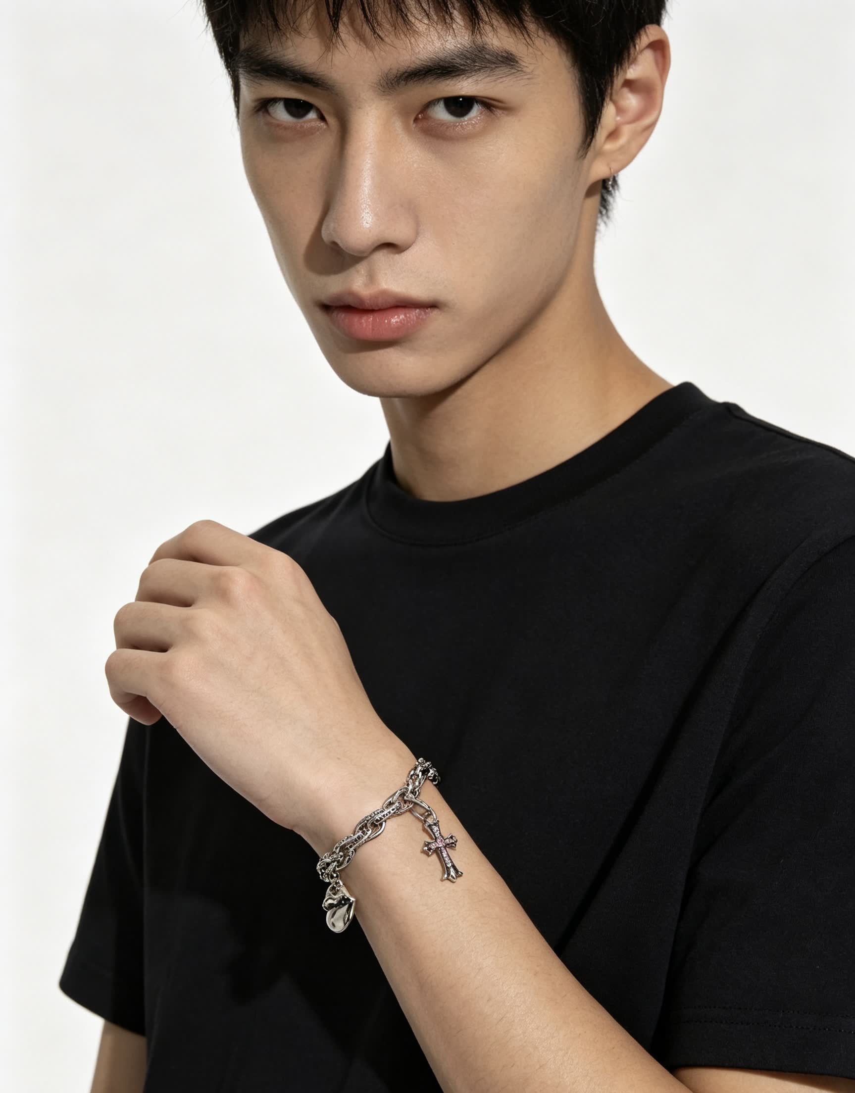 Chrome Hearts Silver Cross Charm Bracelet with Pearl Pendant